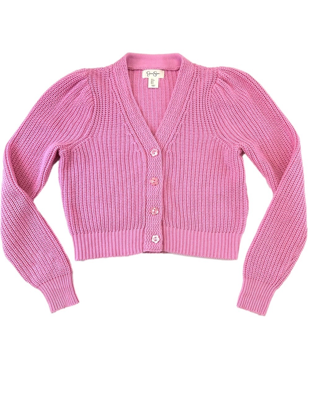 Jessica Simpson Pink Rib Knit V-Neck Cropped Cardigan Flower Buttons Small